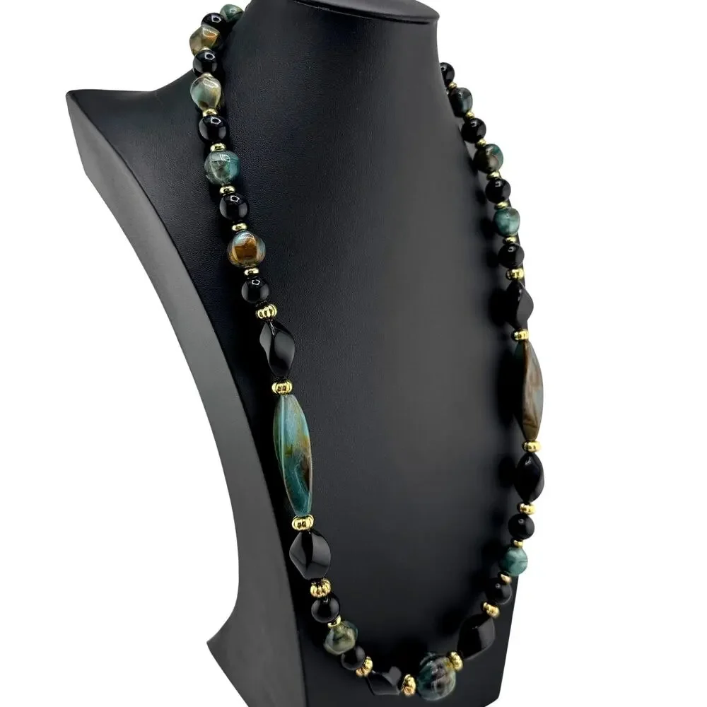 Vintage 1980s 1990s Teal Marbled Acrylic Black Gold Tone Beads 29